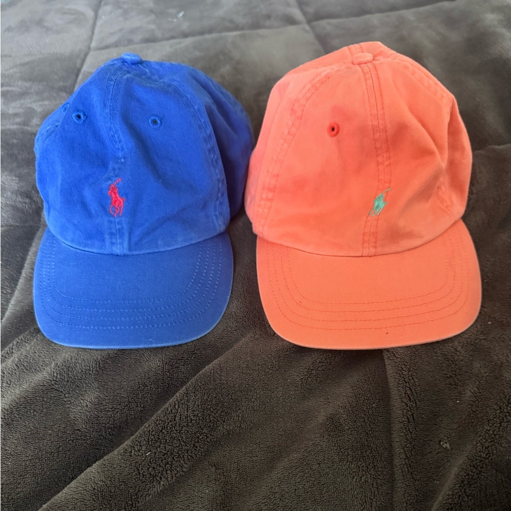 Two Polo Ralph Lauren baseball caps blue and orange leather adjustable strap NWT